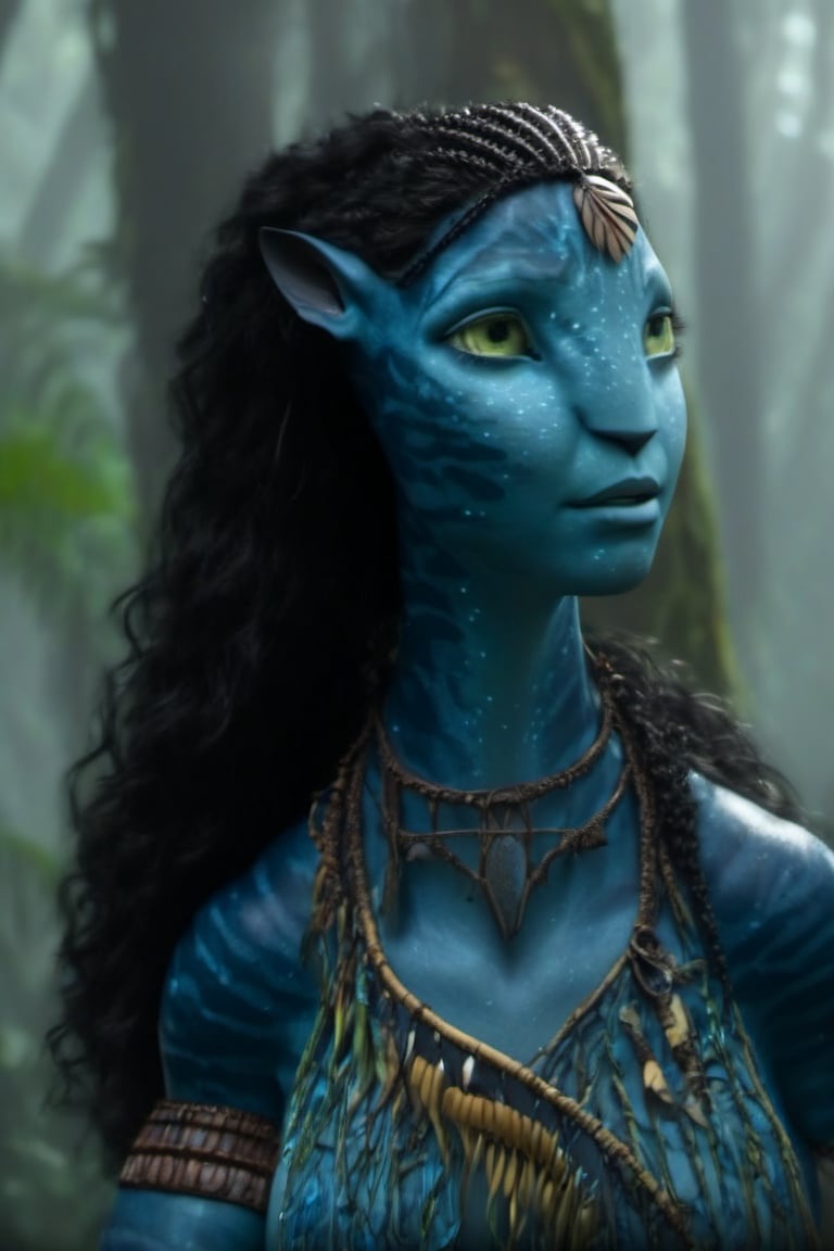 Beautiful na’vi, female, dark blue skin, yellow eyes, wooden jewelry, black hair, ((forest:background)), ((closeup)), movie scene, freckles, detailed, hdr, high quality, movie still, visible tail, long ears, skin detail, ADD MORE DETAIL 