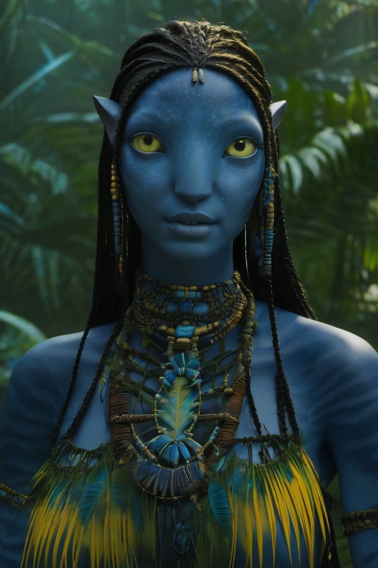 Beautiful na’vi, ((Jennifer Stone)), dark blue skin, young, jewelry, long black knotless braids, yellow eyes, earring, ((jungle:background)), ((closeup)), movie scene, freckles, detailed, hdr, high quality, movie still, visible tail, skin detail,ADD MORE DETAIL 