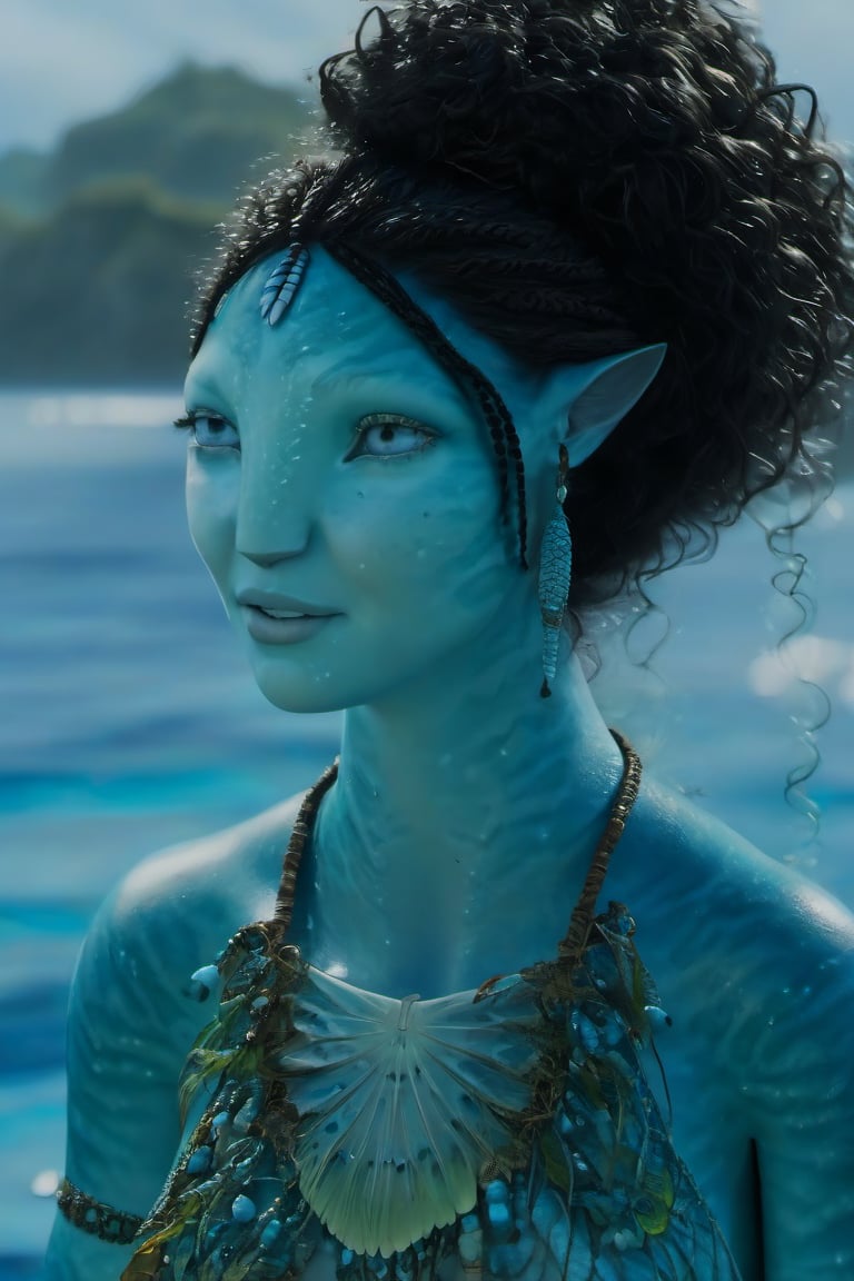 Beautiful na’vi, female, ((Jennifer Stone)), aqua skin, young, jewelry, black curly hair, blue eyes, ((sea:background)), ((tulkun:in background)), ((closeup)), movie scene, freckles, detailed, hdr, high quality, movie still, visible tail, skin detail, ADD MORE DETAIL 