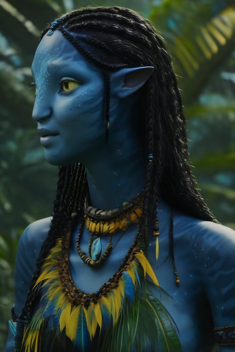 Beautiful na’vi, ((Kim Joo-ryung)), dark blue skin, young, jewelry, long black braids, yellow eyes, earring, ((jungle:background)), ((closeup)), movie scene, freckles, detailed, hdr, high quality, movie still, visible tail, skin detail,ADD MORE DETAIL 