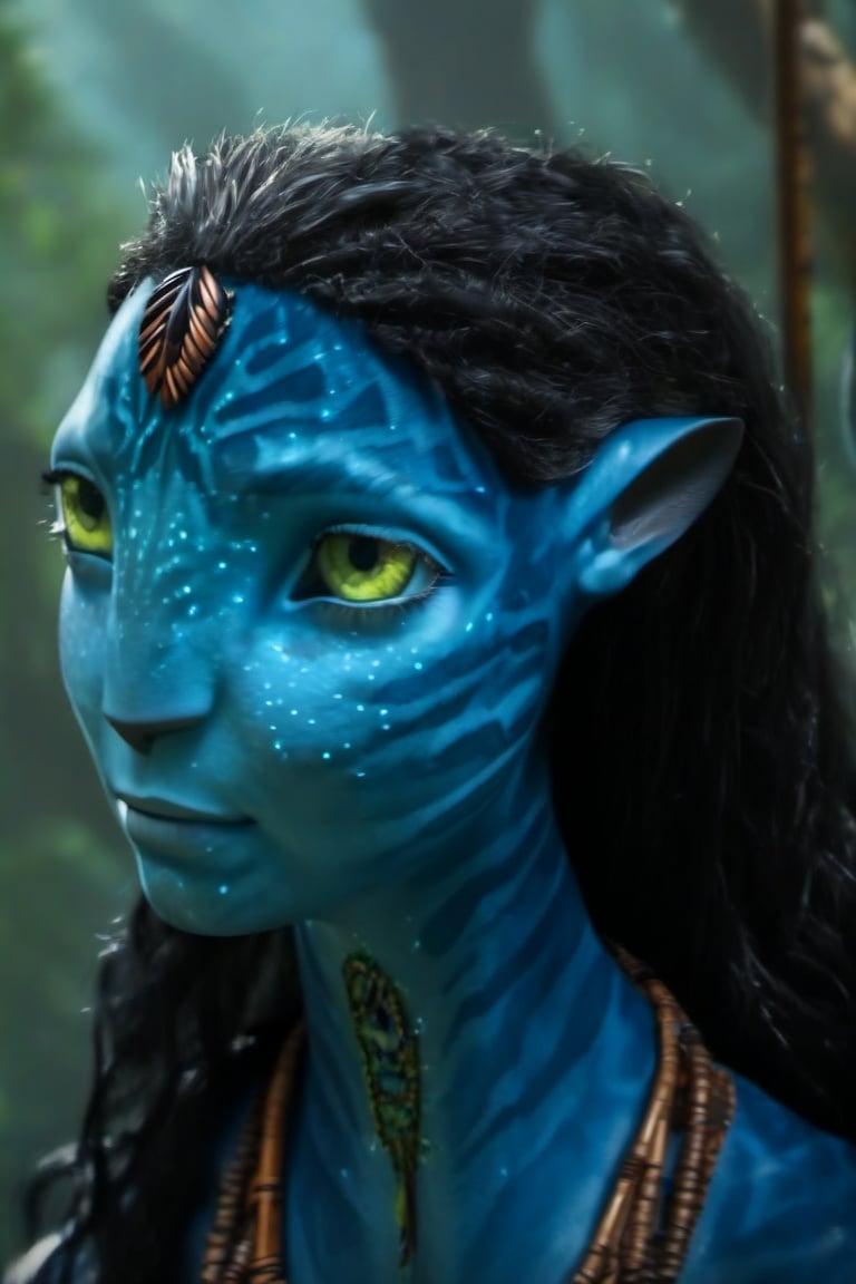 Beautiful na’vi, ((Neytiri)), female, dark blue skin, yellow eyes, wooden jewelry, black hair, ((forest:background)), ((closeup)), movie scene, freckles, detailed, hdr, high quality, movie still, visible tail, long ears, skin detail, ADD MORE DETAIL 