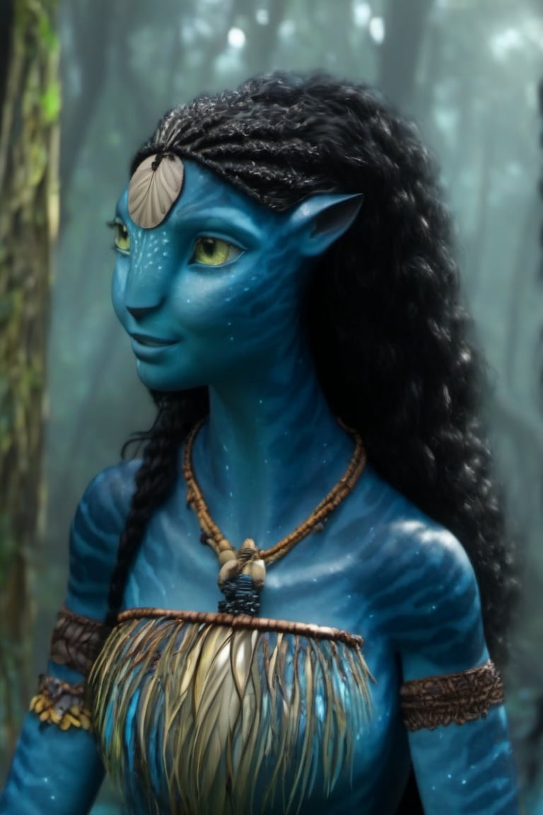 Beautiful na’vi, female, dark blue skin, yellow eyes, wooden jewelry, black hair, ((forest:background)), ((closeup)), movie scene, freckles, detailed, hdr, high quality, movie still, visible tail, long ears, skin detail, ADD MORE DETAIL 