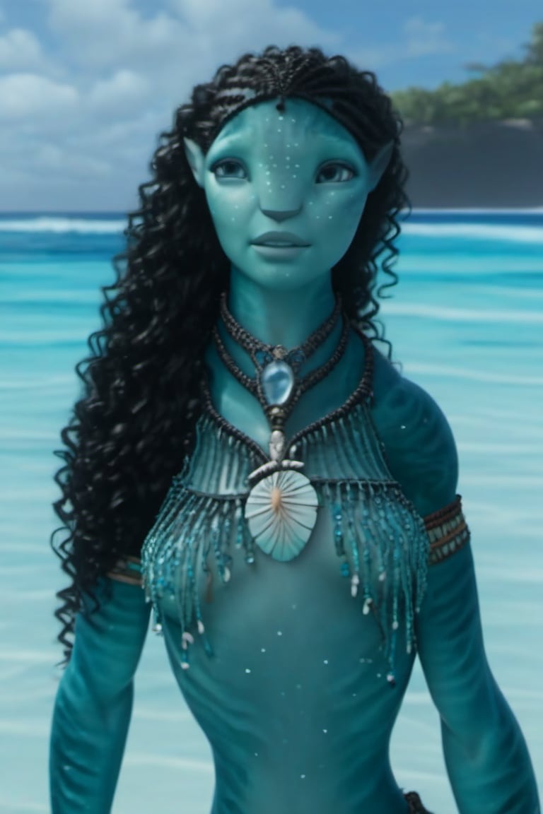 Beautiful na’vi, ((Emily Carey)), female, aqua skin, black curly hair, jewelry, ((beach:background)), ((closeup)), ((bust)), movie scene, freckles, detailed, hdr, high quality, movie still, visible tail, skin detail, ADD MORE DETAIL