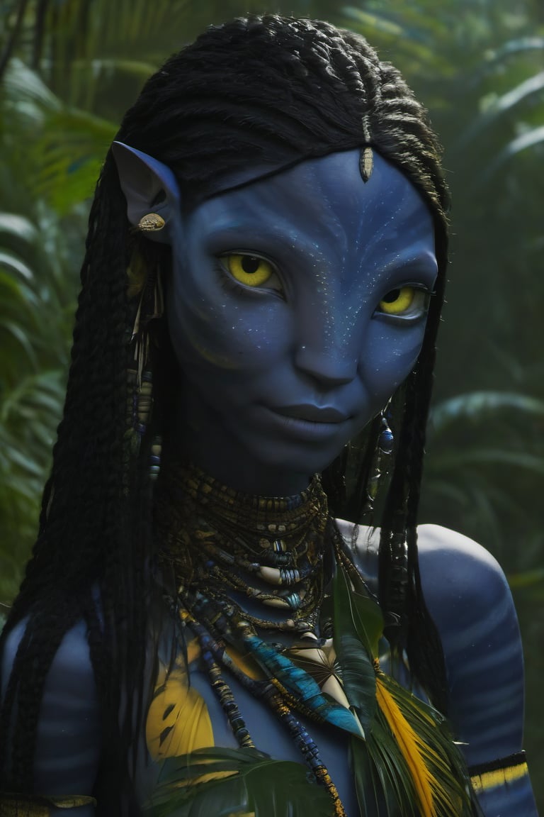 Beautiful na’vi, ((Zoë Kravitz)), ((Neytiri)), female, dark blue skin, young, jewelry, long black hair, yellow eyes, ((jungle:background)), ((closeup)), movie scene, freckles, detailed, hdr, high quality, movie still, visible tail, skin detail,ADD MORE DETAIL 