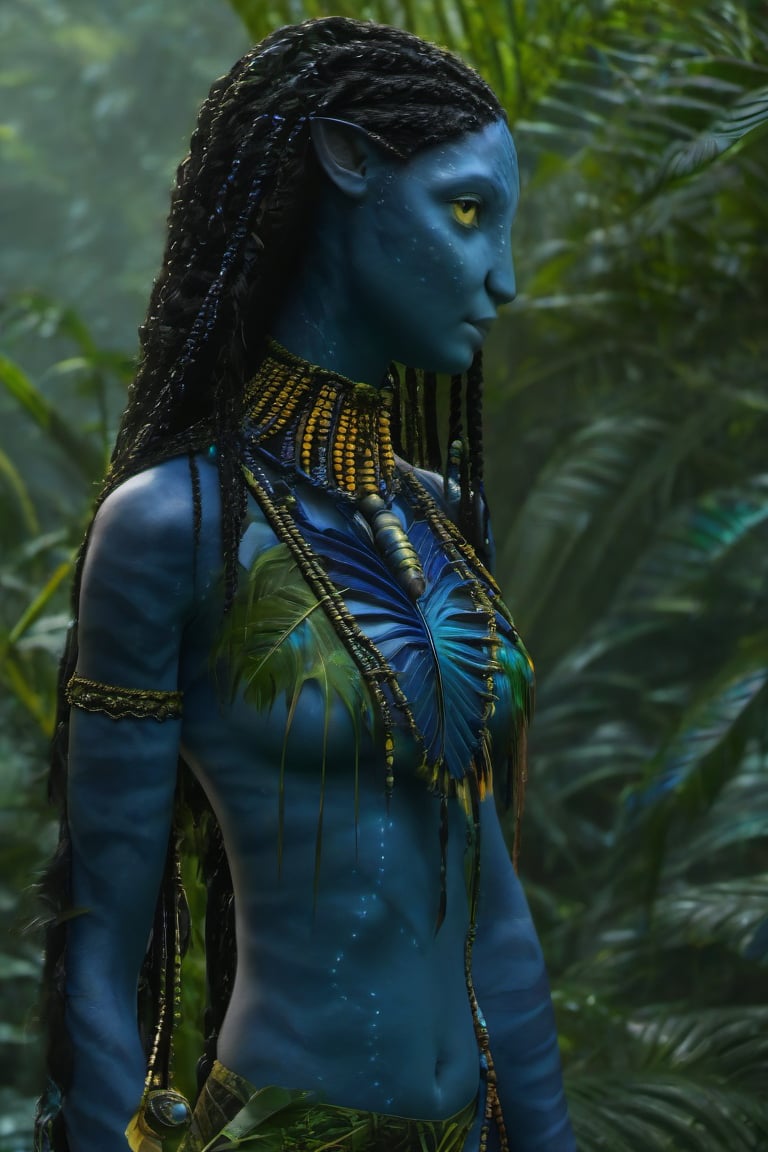 Beautiful na’vi, ((Avantika Vandanapu)), dark blue skin, young, jewelry, long black knotless braids, yellow eyes, earring, ((jungle:background)), ((closeup)), movie scene, freckles, detailed, hdr, high quality, movie still, visible tail, skin detail,ADD MORE DETAIL 