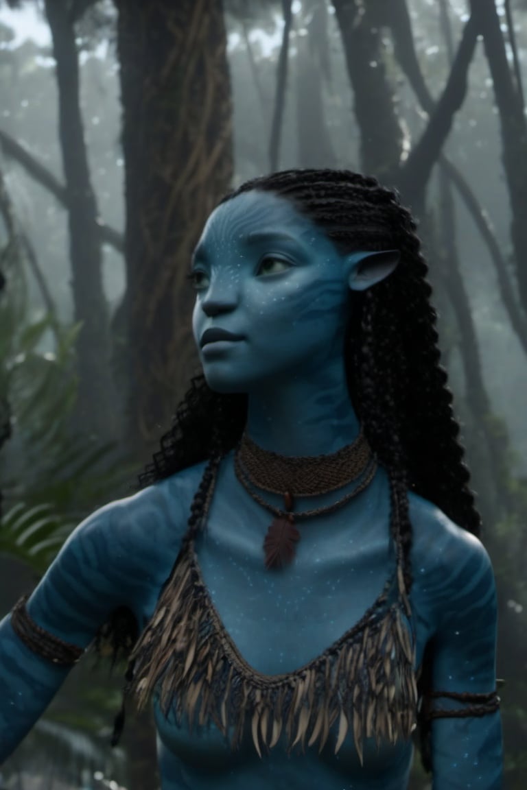 Beautiful na’vi, ((Laura Harrier)), female, grey blue skin, wooden jewelry, black braids, ((forest:background)), ((closeup)), movie scene, freckles, detailed, hdr, high quality, movie still, visible tail, skin detail,ADD MORE DETAIL 