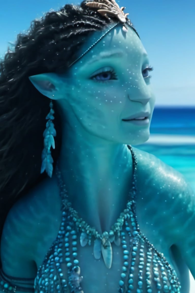 Beautiful na’vi,((Emmy Rossum)), female, aqua skin, jewelry, (( beach:background)), ((closeup)), movie scene, freckles, detailed, hdr, high quality, movie still, visible tail, skin detail,ADD MORE DETAIL