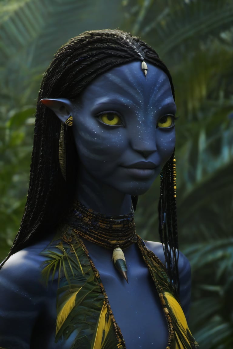 Beautiful na’vi, ((Zoë Kravitz)), ((Neytiri)), female, dark blue skin, young, jewelry, long black braids, yellow eyes, earring, ((jungle:background)), ((closeup)), movie scene, freckles, detailed, hdr, high quality, movie still, visible tail, skin detail,ADD MORE DETAIL 