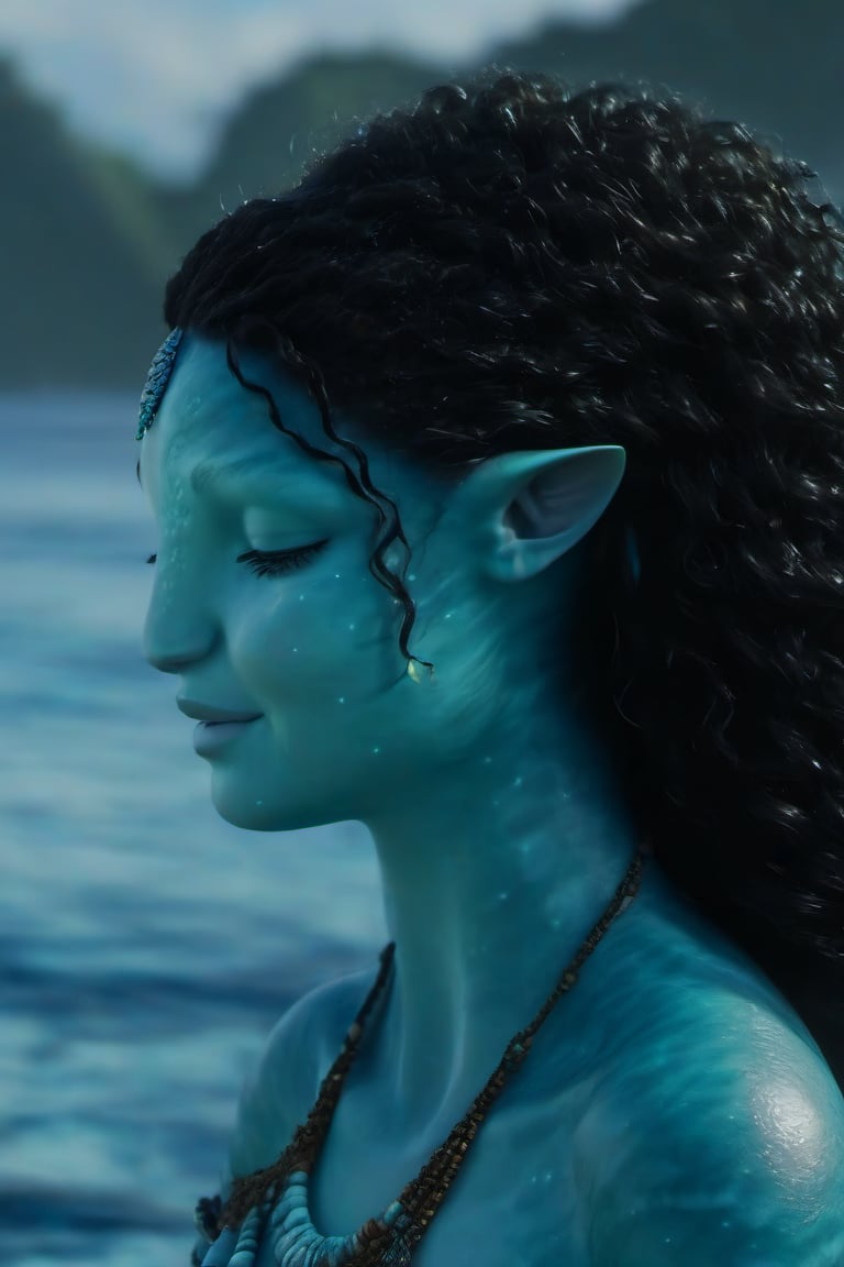 Beautiful na’vi, female, ((Jennifer Stone)), aqua skin, young, jewelry, black curly hair, closed eyes, ((sea:background)), ((closeup)), night, movie scene, freckles, detailed, hdr, high quality, movie still, visible tail, skin detail, ADD MORE DETAIL 