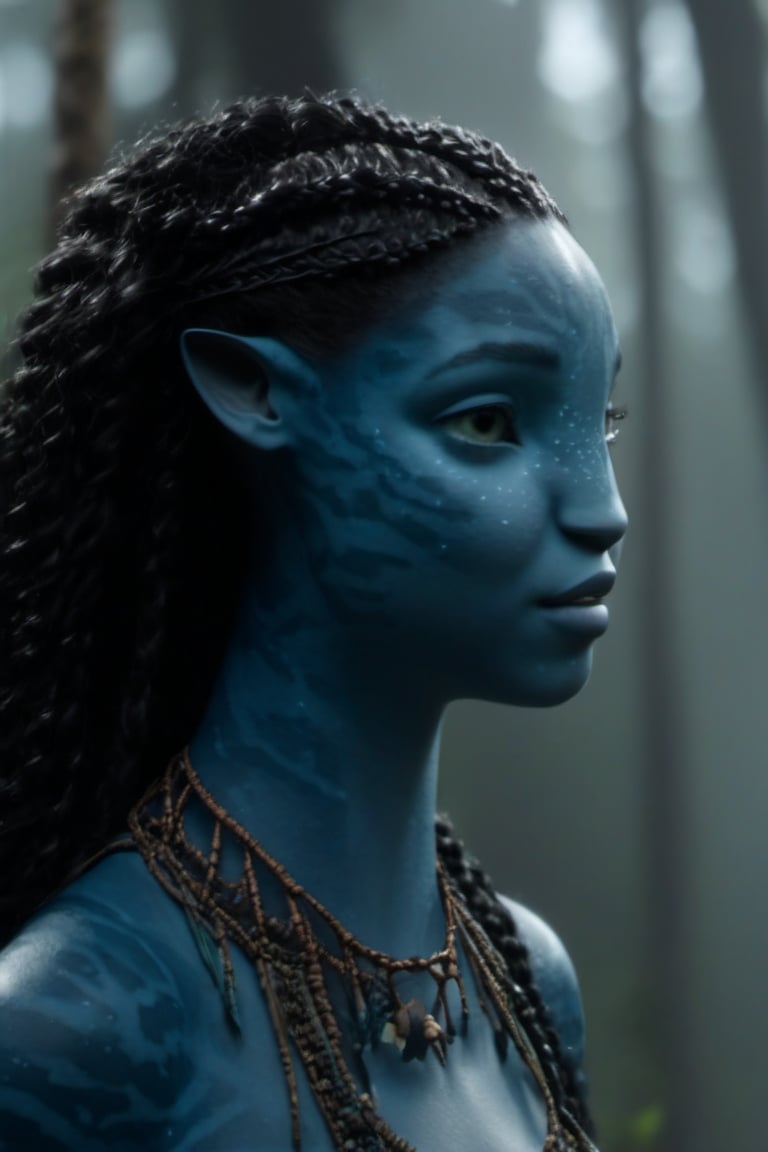 Beautiful na’vi, ((Laura Harrier)), female, grey blue skin, wooden jewelry, black braids, ((forest:background)), ((closeup)), movie scene, freckles, detailed, hdr, high quality, movie still, visible tail, skin detail,ADD MORE DETAIL 