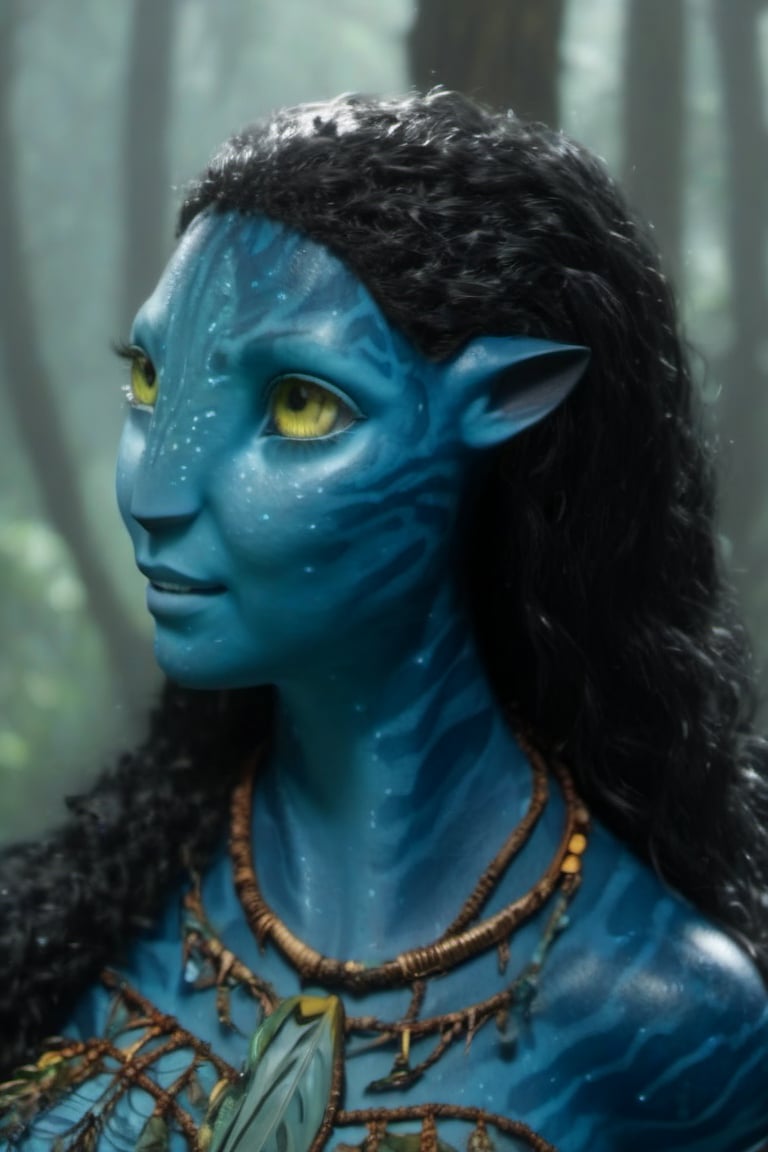 Beautiful na’vi, female, dark blue skin, yellow eyes, wooden jewelry, black hair, ((forest:background)), ((closeup)), movie scene, freckles, detailed, hdr, high quality, movie still, visible tail, skin detail, ADD MORE DETAIL 