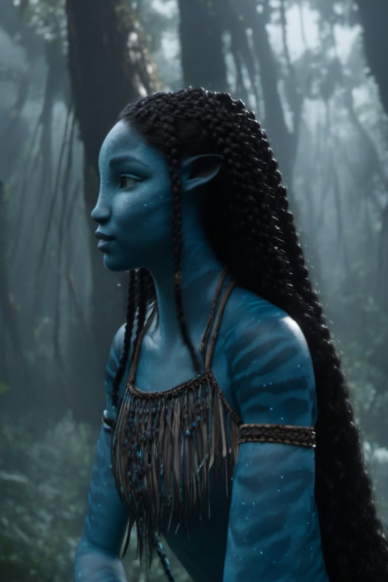 Beautiful na’vi, ((Laura Harrier)), female, grey blue skin, wooden jewelry, black braids, ((forest:background)), ((closeup)), movie scene, freckles, detailed, hdr, high quality, movie still, visible tail, skin detail,ADD MORE DETAIL 