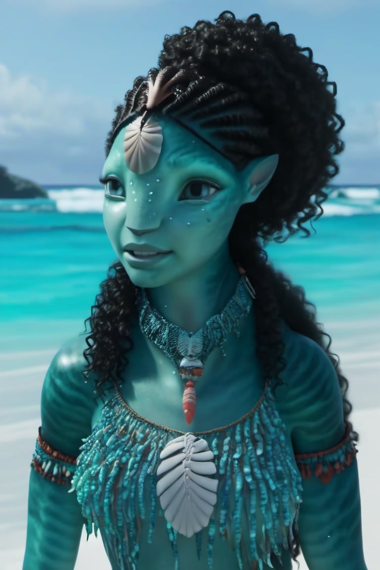 Beautiful na’vi, ((Ronal)), ((Halle Bailey)), female, aqua skin, black curly hair, jewelry, coral headpiece, angry, fangs, ((beach:background)), ((closeup)), ((bust)), movie scene, freckles, detailed, hdr, high quality, movie still, visible tail, skin detail, ADD MORE DETAIL