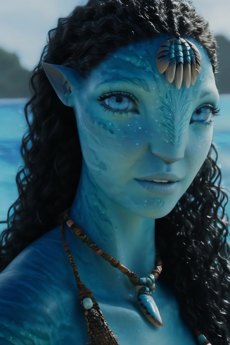 Beautiful na’vi, female, ((Allie Gonino)), aqua skin, young, jewelry, black curly hair, blue eyes, ((beach:background)), ((closeup)), movie scene, freckles, detailed, hdr, high quality, movie still, visible tail, skin detail, ADD MORE DETAIL 