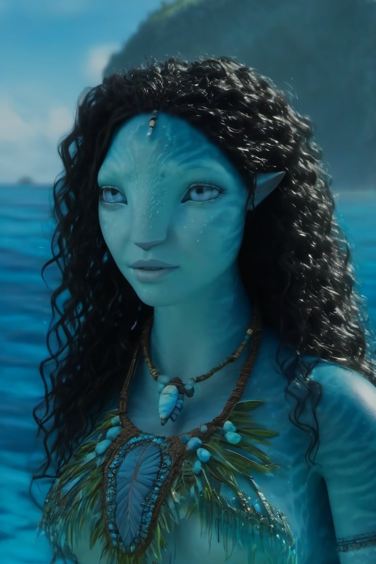 Beautiful na’vi, female, ((Jennifer Stone)), aqua skin, young, jewelry, black curly hair, blue eyes, ((sea:background)), ((closeup)), movie scene, freckles, detailed, hdr, high quality, movie still, visible tail, skin detail, ADD MORE DETAIL 