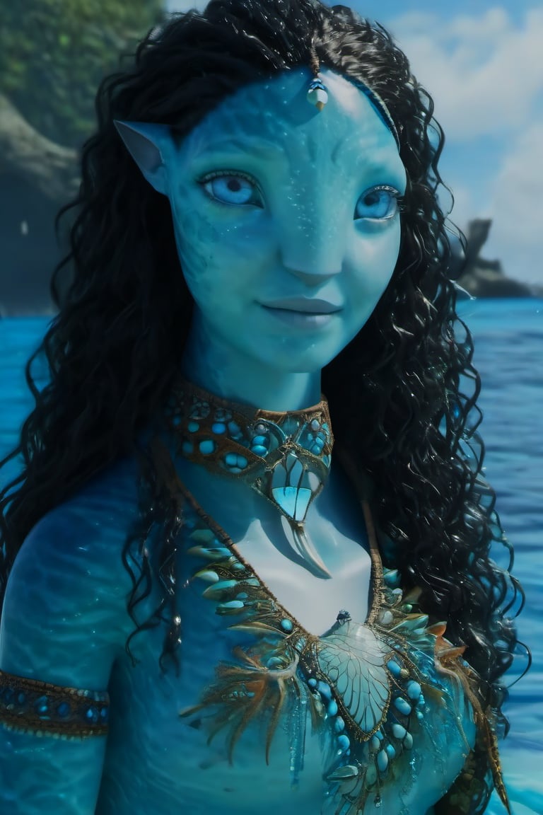 Beautiful na’vi, female, ((Jennifer Stone)), aqua skin, young, jewelry, black curly hair, blue eyes, ((sea:background)), ((tulkun:wale)), ((closeup)), movie scene, freckles, detailed, hdr, high quality, movie still, visible tail, skin detail, ADD MORE DETAIL 