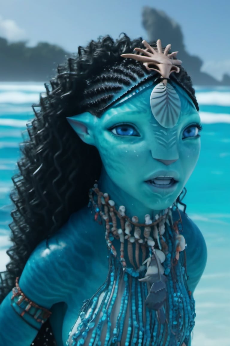 Beautiful na’vi, ((Ronal)), ((Halle Bailey)), female, aqua skin, blue eyes, black curly hair, jewelry, coral headpiece, angry, snarl, (( beach:background)), ((closeup)), ((bust)), movie scene, freckles, detailed, hdr, high quality, movie still, visible tail, skin detail, ADD MORE DETAIL