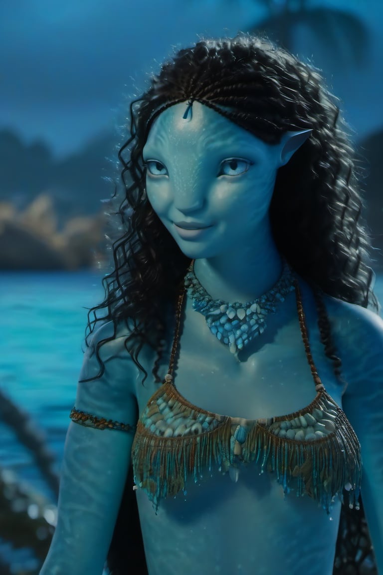 Beautiful na’vi, female, ((Jennifer Stone)), aqua skin, young, jewelry, black curly hair, blue eyes, ((beach bonfiire:background)), ((closeup)), ((night time)), movie scene, freckles, detailed, hdr, high quality, movie still, visible tail, skin detail, ADD MORE DETAIL 