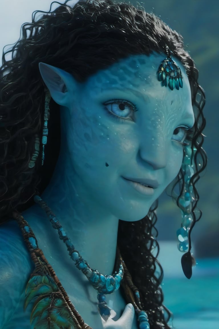 Beautiful na’vi, female, ((Jennifer Stone)), aqua skin, young, jewelry, black curly hair, blue eyes, ((sea:background)), ((tulkun:background)), ((closeup)), movie scene, freckles, detailed, hdr, high quality, movie still, visible tail, skin detail, ADD MORE DETAIL 