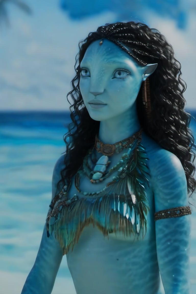 Beautiful na’vi, female, ((Jennifer Stone)), aqua skin, young, jewelry, black curly hair, blue eyes, ((beach:background)), ((closeup)), movie scene, freckles, detailed, hdr, high quality, movie still, visible tail, skin detail, ADD MORE DETAIL 