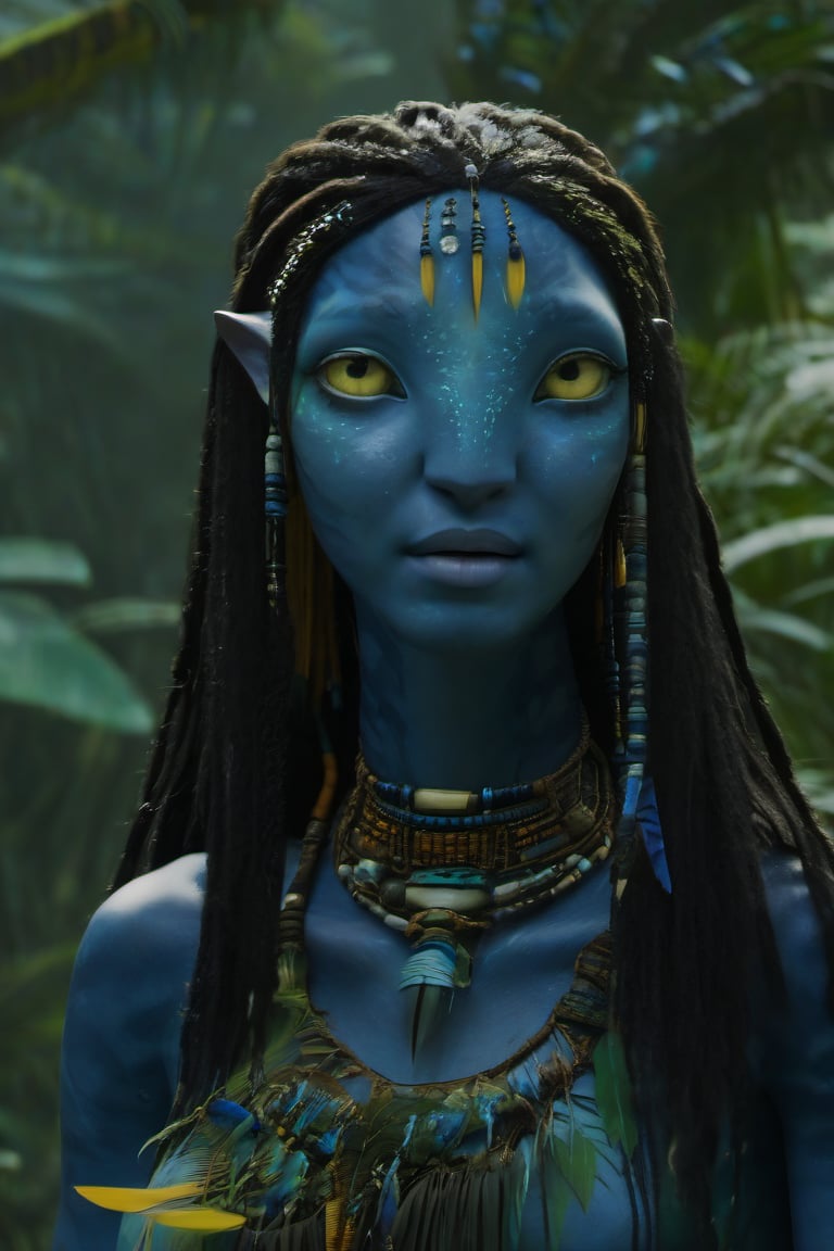 Beautiful na’vi, ((Kim Joo-ryung)), dark blue skin, young, jewelry, long black dreadlocks, yellow eyes, earring, ((jungle:background)), ((closeup)), movie scene, freckles, detailed, hdr, high quality, movie still, visible tail, skin detail,ADD MORE DETAIL 