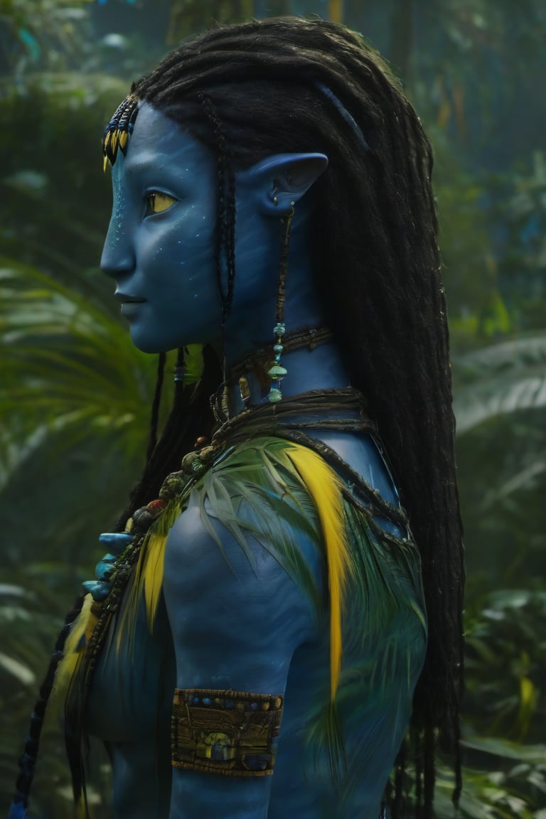 Beautiful na’vi, ((Kim Joo-ryung)), dark blue skin, young, jewelry, long black dreadlocks, yellow eyes, earring, ((jungle:background)), ((closeup)), movie scene, freckles, detailed, hdr, high quality, movie still, visible tail, skin detail,ADD MORE DETAIL 