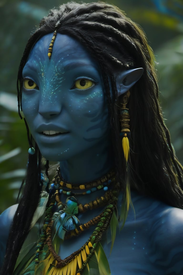 Beautiful na’vi, ((Kim Joo-ryung)), dark blue skin, young, jewelry, long black dreadlocks, yellow eyes, earring, ((jungle:background)), ((closeup)), movie scene, freckles, detailed, hdr, high quality, movie still, visible tail, skin detail,ADD MORE DETAIL 