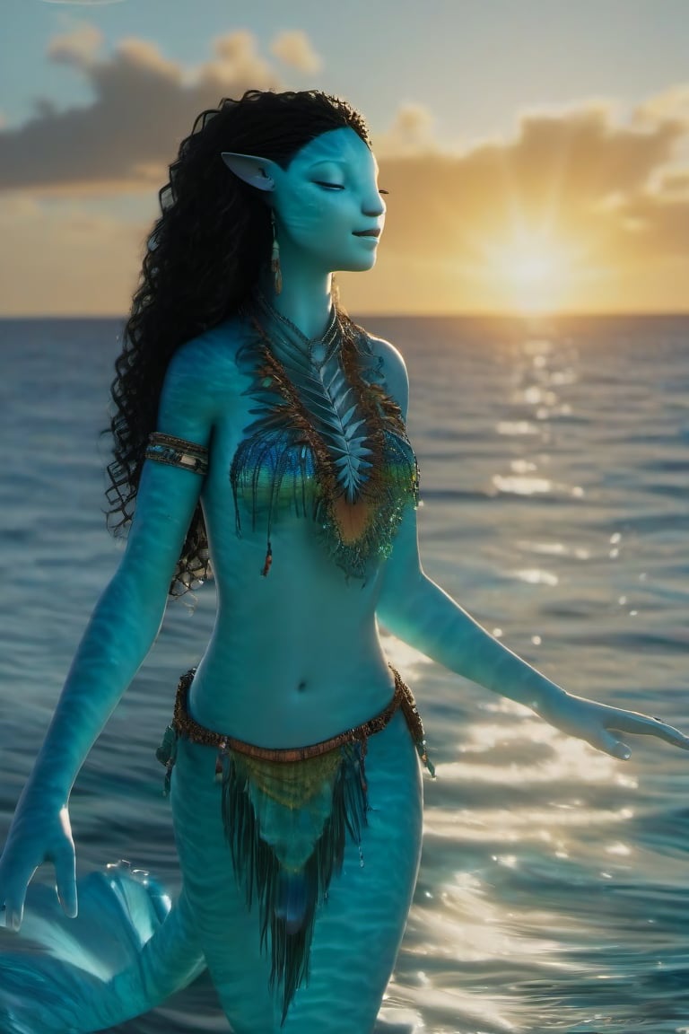 Beautiful na’vi, female, ((Jennifer Stone)), aqua skin, young, jewelry, black curly hair, closed eyes, singing, ((sea:background)), ((closeup)), sunset, movie scene, freckles, detailed, hdr, high quality, movie still, visible tail, skin detail, ADD MORE DETAIL 