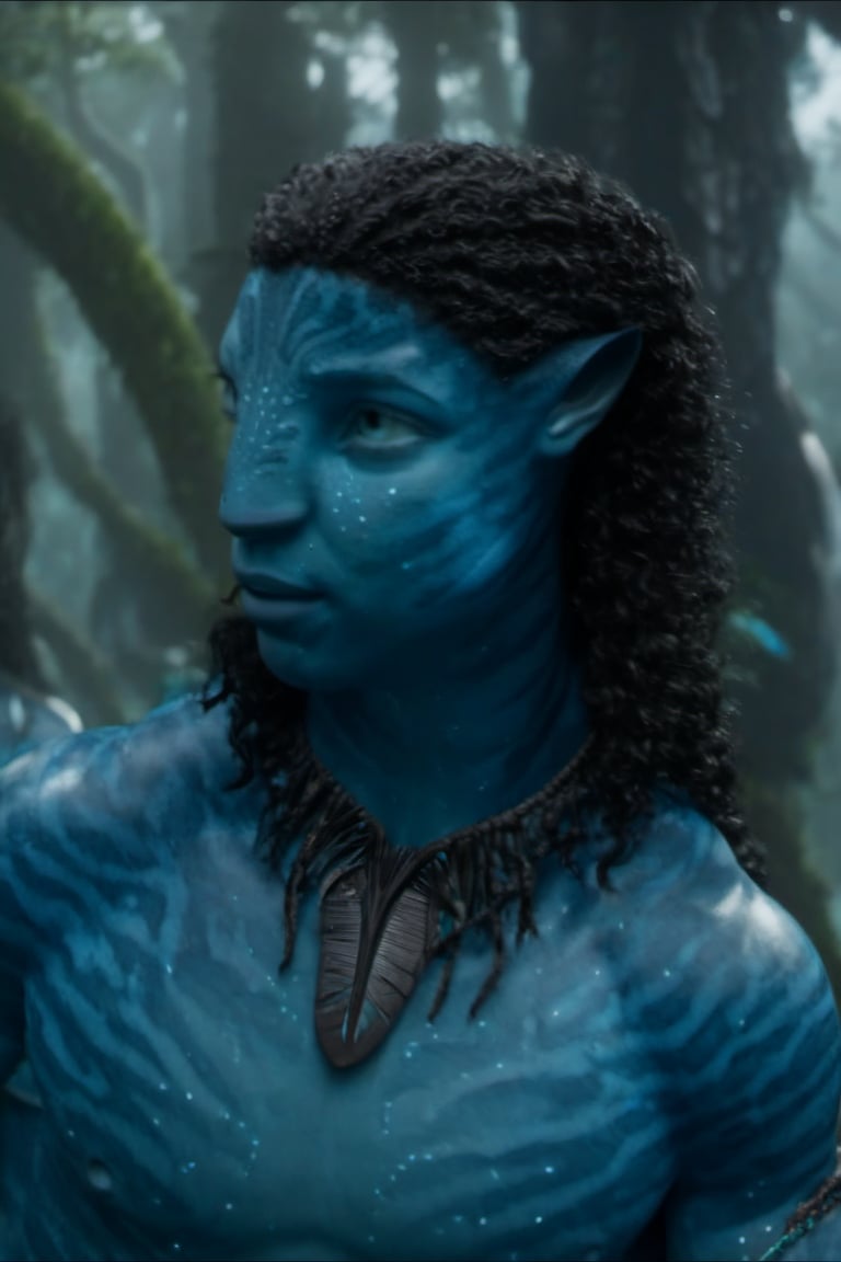 Hansome na’vi, ((Michael B. Jordan)), male, blue skin, aqua eyes, wooden jewelry, black curly hair, ((forest:background)), ((closeup)), movie scene, freckles, detailed, hdr, high quality, movie still, visible tail, skin detail,ADD MORE DETAIL 