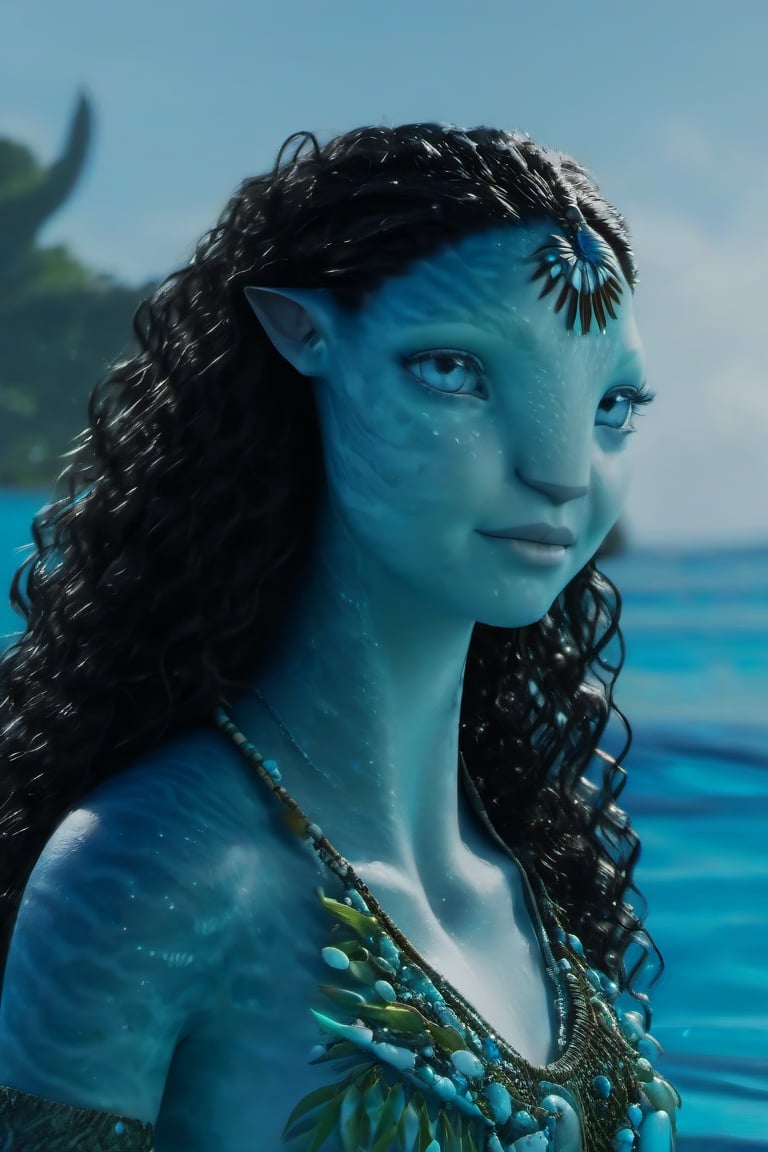 Beautiful na’vi, female, ((Jennifer Stone)), aqua skin, young, jewelry, black curly hair, blue eyes, ((sea:background)), ((closeup)), movie scene, freckles, detailed, hdr, high quality, movie still, visible tail, skin detail, ADD MORE DETAIL 