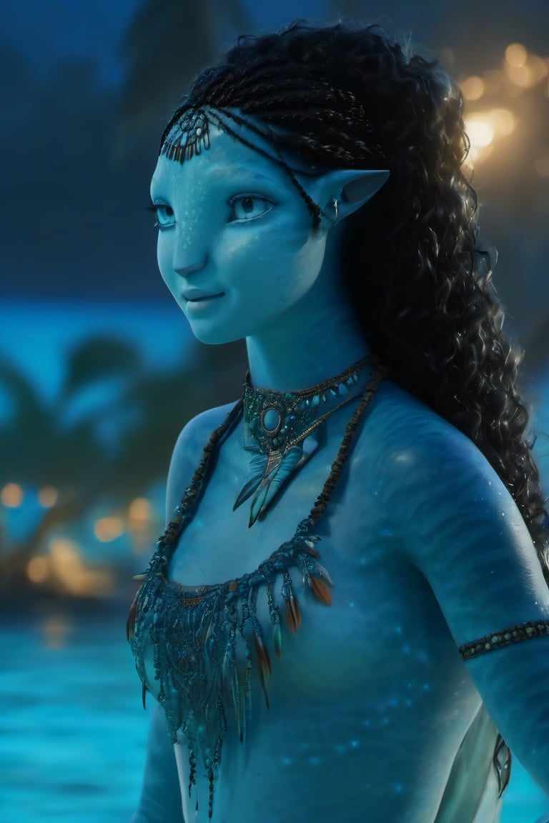 Beautiful na’vi, female, ((Jennifer Stone)), aqua skin, young, jewelry, black curly hair, blue eyes, ((beach bonfiire:background)), ((closeup)), ((night time)), movie scene, freckles, detailed, hdr, high quality, movie still, visible tail, skin detail, ADD MORE DETAIL 