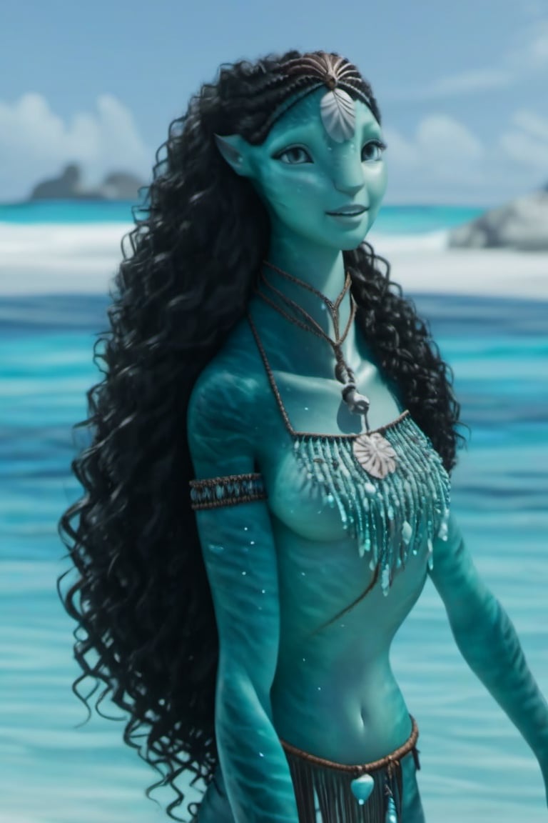 Beautiful na’vi, female, young, aqua skin, long black curly hair, jewelry, ((beach:background)), ((closeup)), ((bust)), movie scene, freckles, detailed, hdr, high quality, movie still, visible tail, skin detail, ADD MORE DETAIL