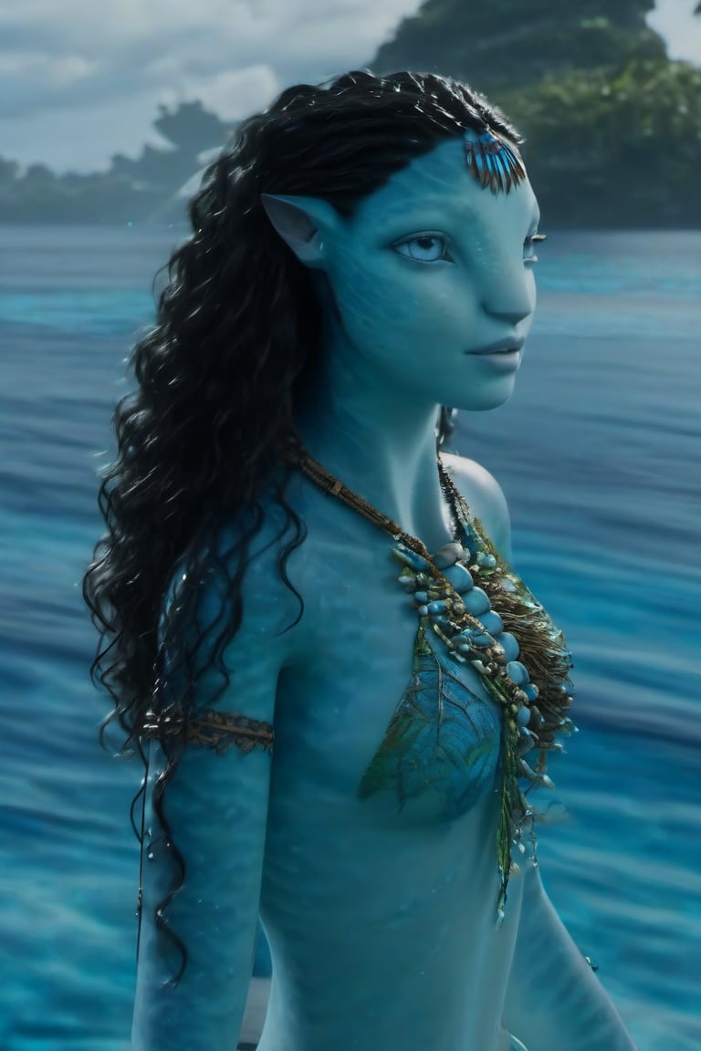 Beautiful na’vi, female, ((Jennifer Stone)), aqua skin, young, jewelry, black curly hair, blue eyes, ((sea:background)), ((closeup)), movie scene, freckles, detailed, hdr, high quality, movie still, visible tail, skin detail, ADD MORE DETAIL 