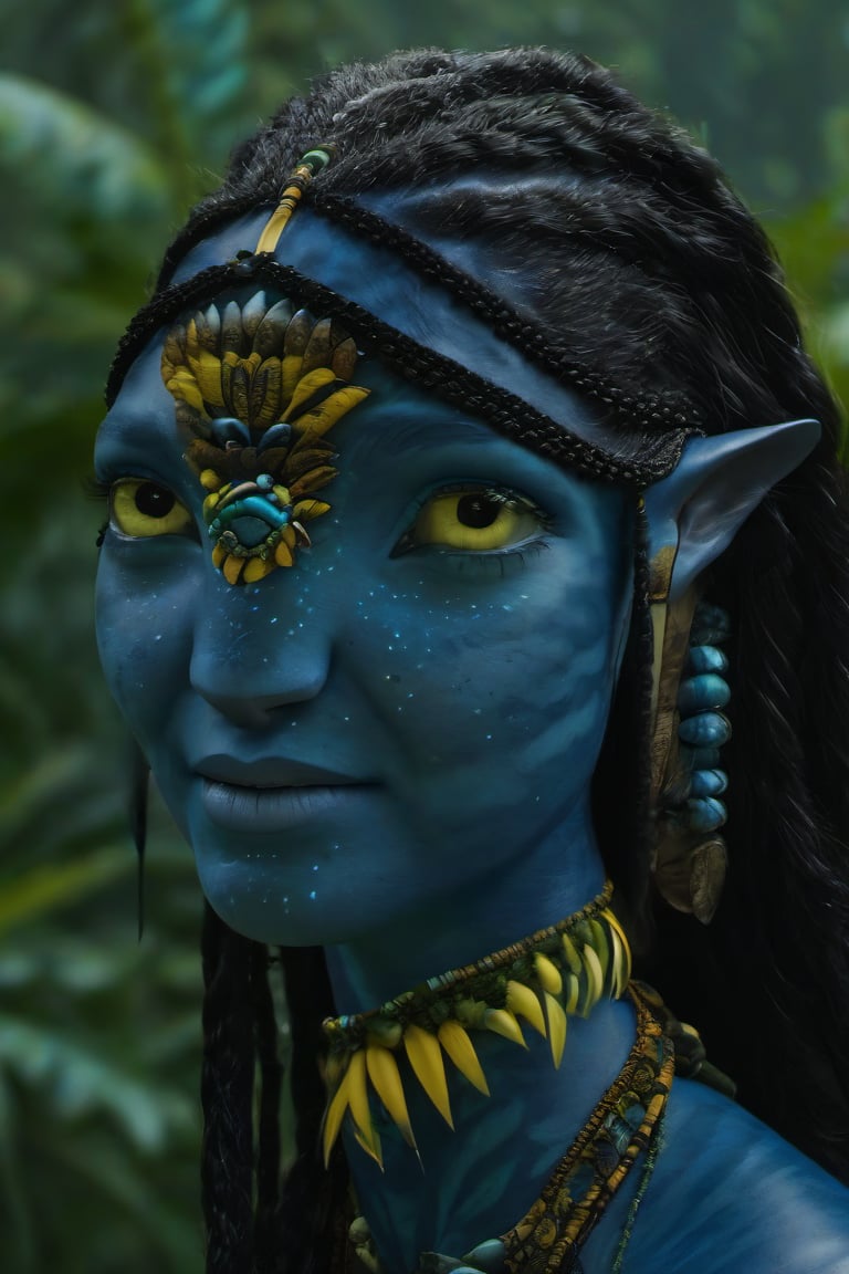 Beautiful na’vi, ((Avantika Vandanapu)), dark blue skin, young, jewelry, long black knotless braids, yellow eyes, earring, ((jungle:background)), ((closeup)), movie scene, freckles, detailed, hdr, high quality, movie still, visible tail, skin detail,ADD MORE DETAIL 