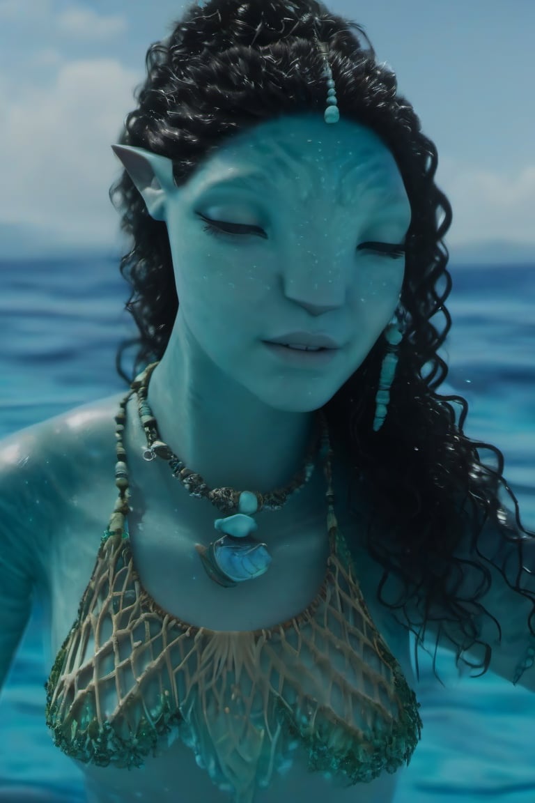 Beautiful na’vi, female, ((Jennifer Stone)), aqua skin, young, jewelry, black curly hair, closed eyes, swimming, ((sea:background)), ((closeup)), movie scene, freckles, detailed, hdr, high quality, movie still, visible tail, skin detail, ADD MORE DETAIL 