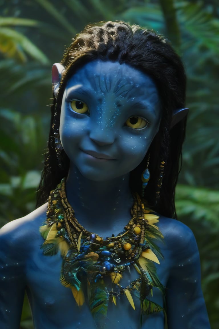 Beautiful na’vi, ((Brooklynn Prince)), dark blue skin, child, young, jewelry, black hair, yellow eyes, earring, ((jungle:background)), ((closeup)), movie scene, freckles, detailed, hdr, high quality, movie still, visible tail, skin detail,ADD MORE DETAIL 