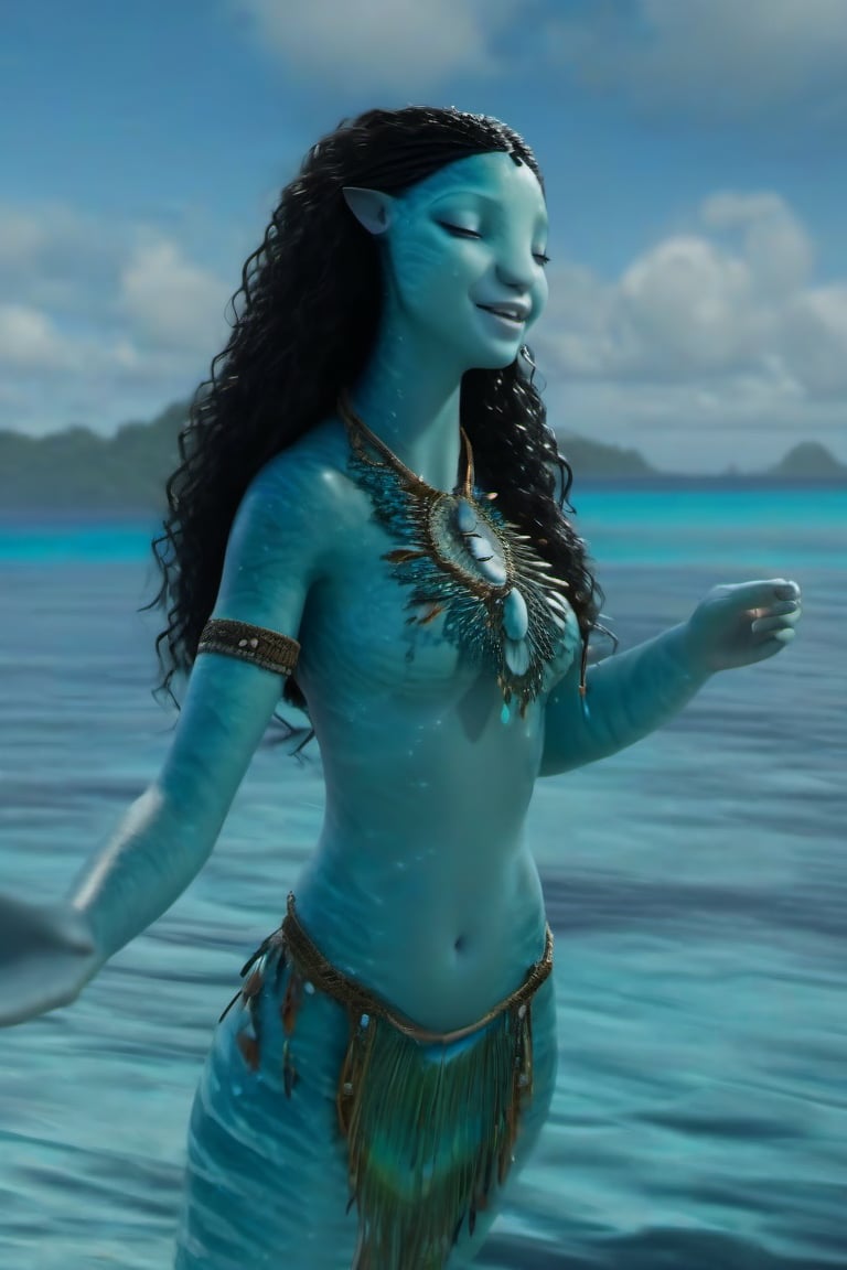 Beautiful na’vi, female, ((Jennifer Stone)), aqua skin, young, jewelry, black curly hair, closed eyes, singing, ((sea:background)), ((closeup)), movie scene, freckles, detailed, hdr, high quality, movie still, visible tail, skin detail, ADD MORE DETAIL 