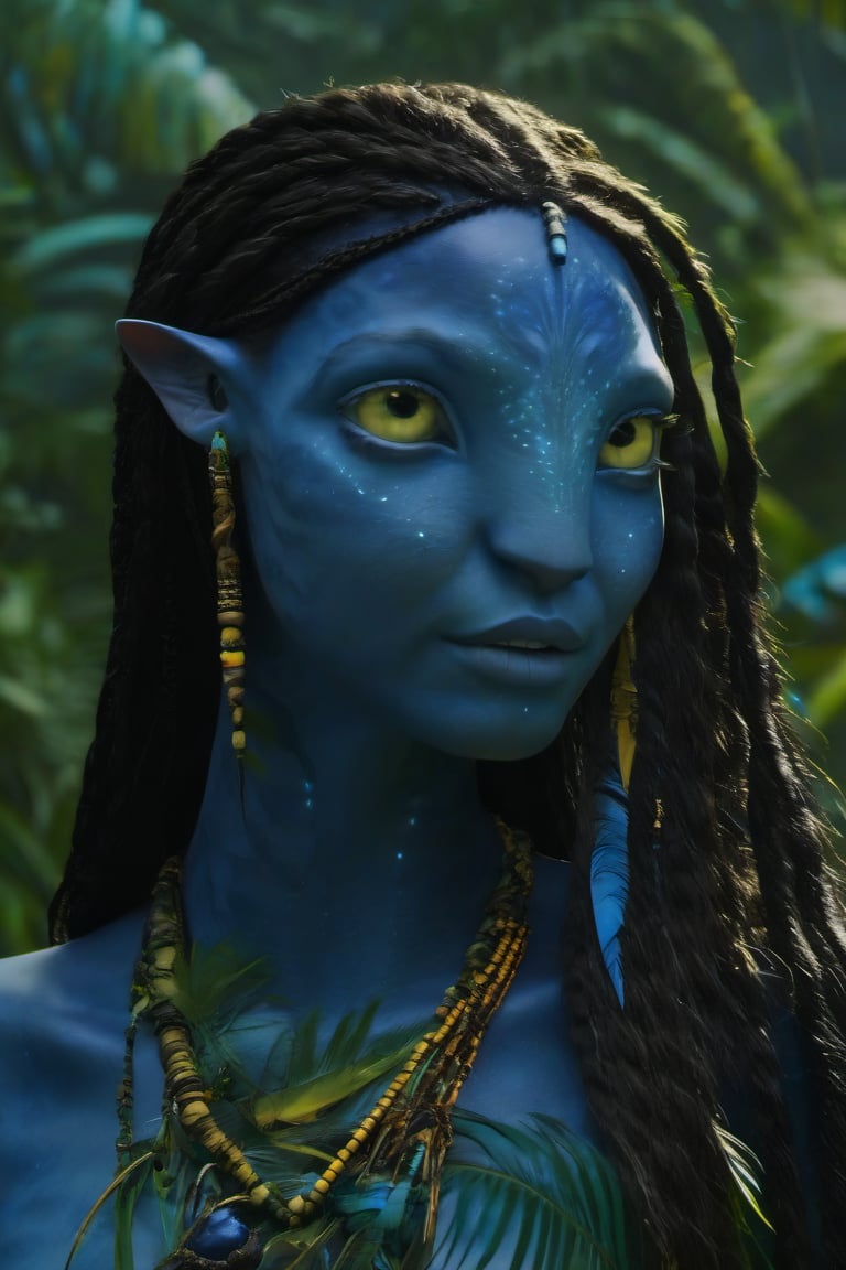 Beautiful na’vi, ((Jennifer Stone)), dark blue skin, young, jewelry, long black knotless braids, yellow eyes, earring, ((jungle:background)), ((closeup)), movie scene, freckles, detailed, hdr, high quality, movie still, visible tail, skin detail,ADD MORE DETAIL 