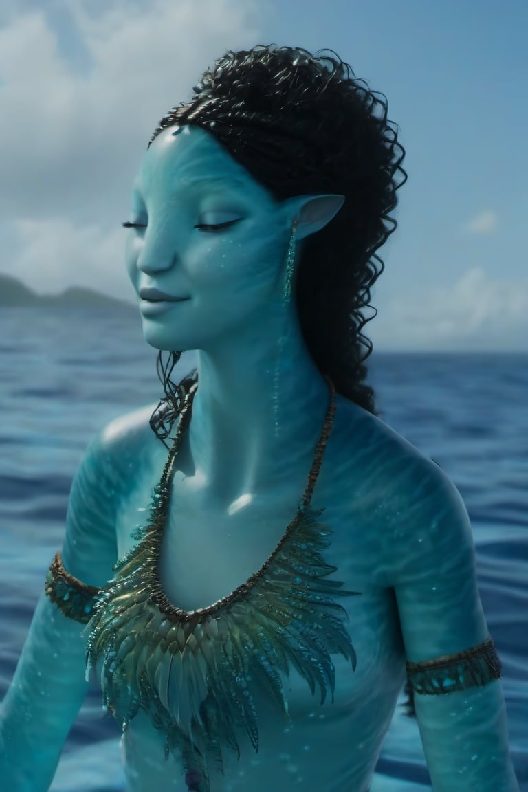 Beautiful na’vi, female, ((Jennifer Stone)), aqua skin, young, jewelry, black curly hair, closed eyes, swimming, ((sea:background)), ((closeup)), movie scene, freckles, detailed, hdr, high quality, movie still, visible tail, skin detail, ADD MORE DETAIL 