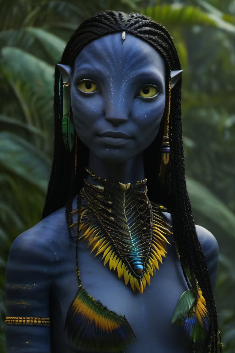 Beautiful na’vi, ((Zoë Kravitz)), ((Neytiri)), female, dark blue skin, young, jewelry, long black braids, yellow eyes, earring, ((jungle:background)), ((closeup)), movie scene, freckles, detailed, hdr, high quality, movie still, visible tail, skin detail,ADD MORE DETAIL 