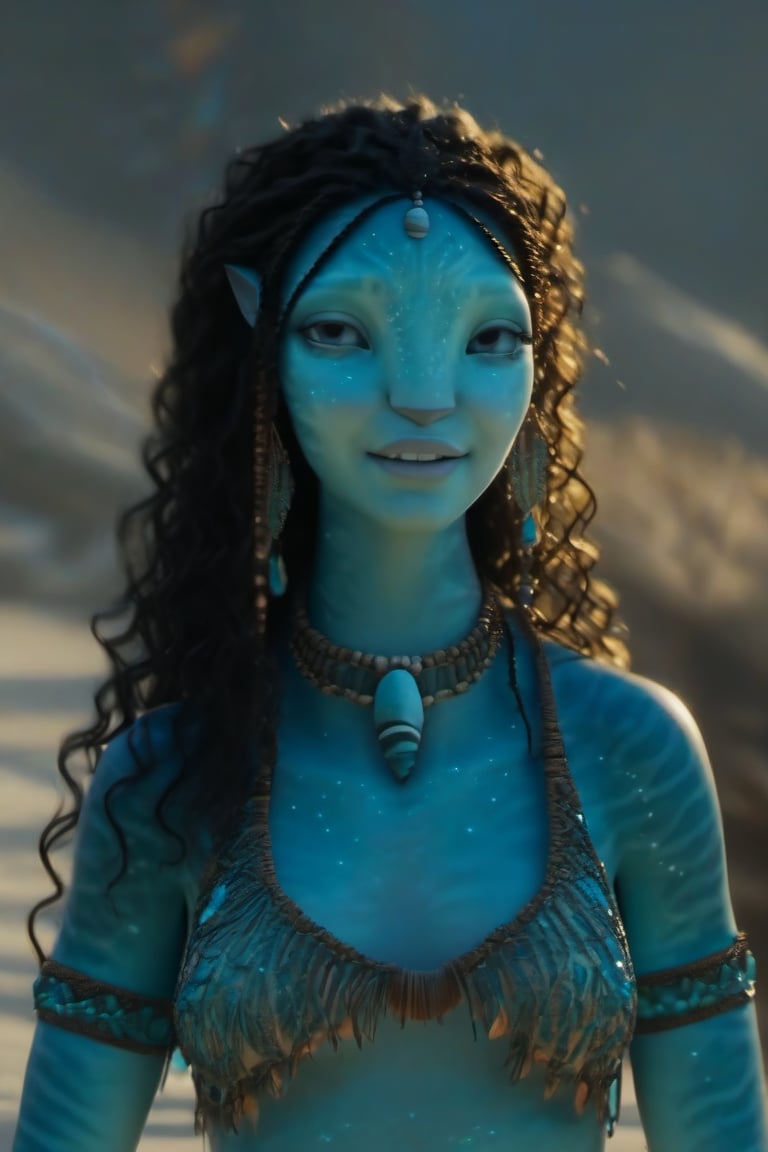 Beautiful na’vi, female, ((Jennifer Stone)), aqua skin, young, jewelry, black curly hair, closed eyes, singing, ((sand:background)), ((closeup)), nighttime, bonfire, movie scene, freckles, detailed, hdr, high quality, movie still, visible tail, skin detail, ADD MORE DETAIL 