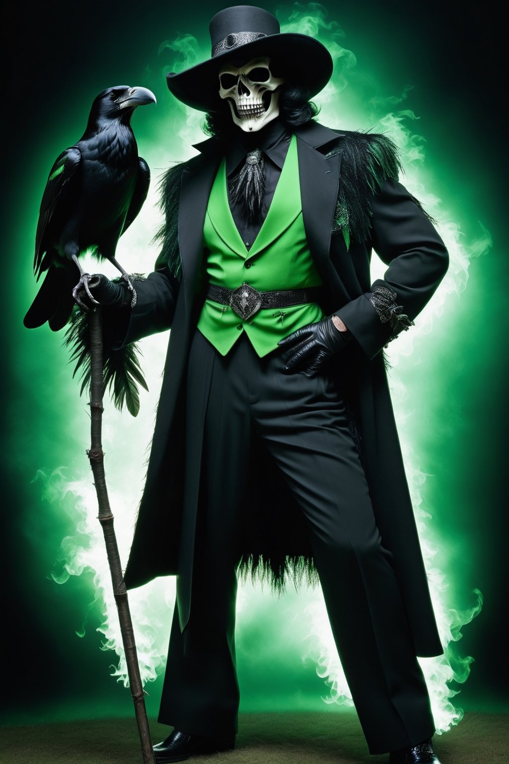 Grim Reaper as a pimp form 1970’s wearing a zoot suit style outfit, Black and Green outfit, Dynamic Pose, simple-background, HD resolution, Insane detail, hyper realism, Dramatic lighting, Grim Reaper Inspired, holding a raven skull head Cain, wearing a black Feathery pimp hat, Ravens incorporated, Ravens within the art photo,