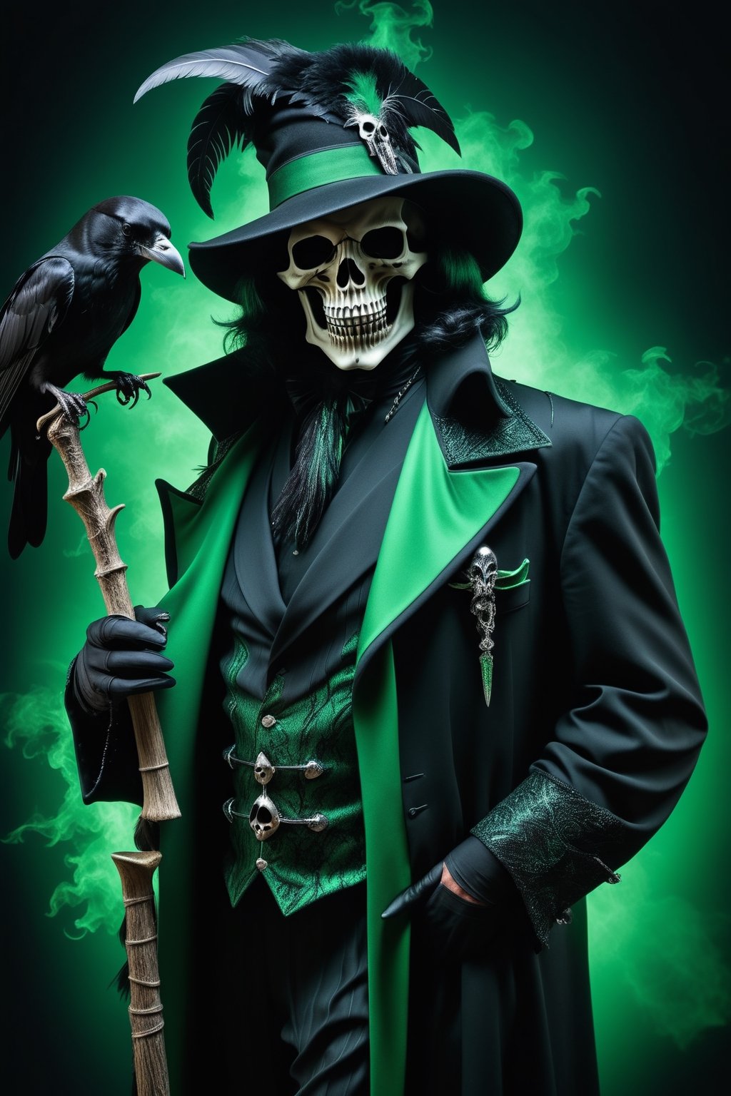 Grim Reaper as a pimp form 1970’s wearing a zoot suit style outfit, Black and Green outfit, Dynamic Pose, simple-background, HD resolution, Insane detail, hyper realism, Dramatic lighting, Grim Reaper Inspired, holding a raven skull head Cain, wearing a black Feathery pimp hat, Ravens incorporated, Ravens within the art photo,