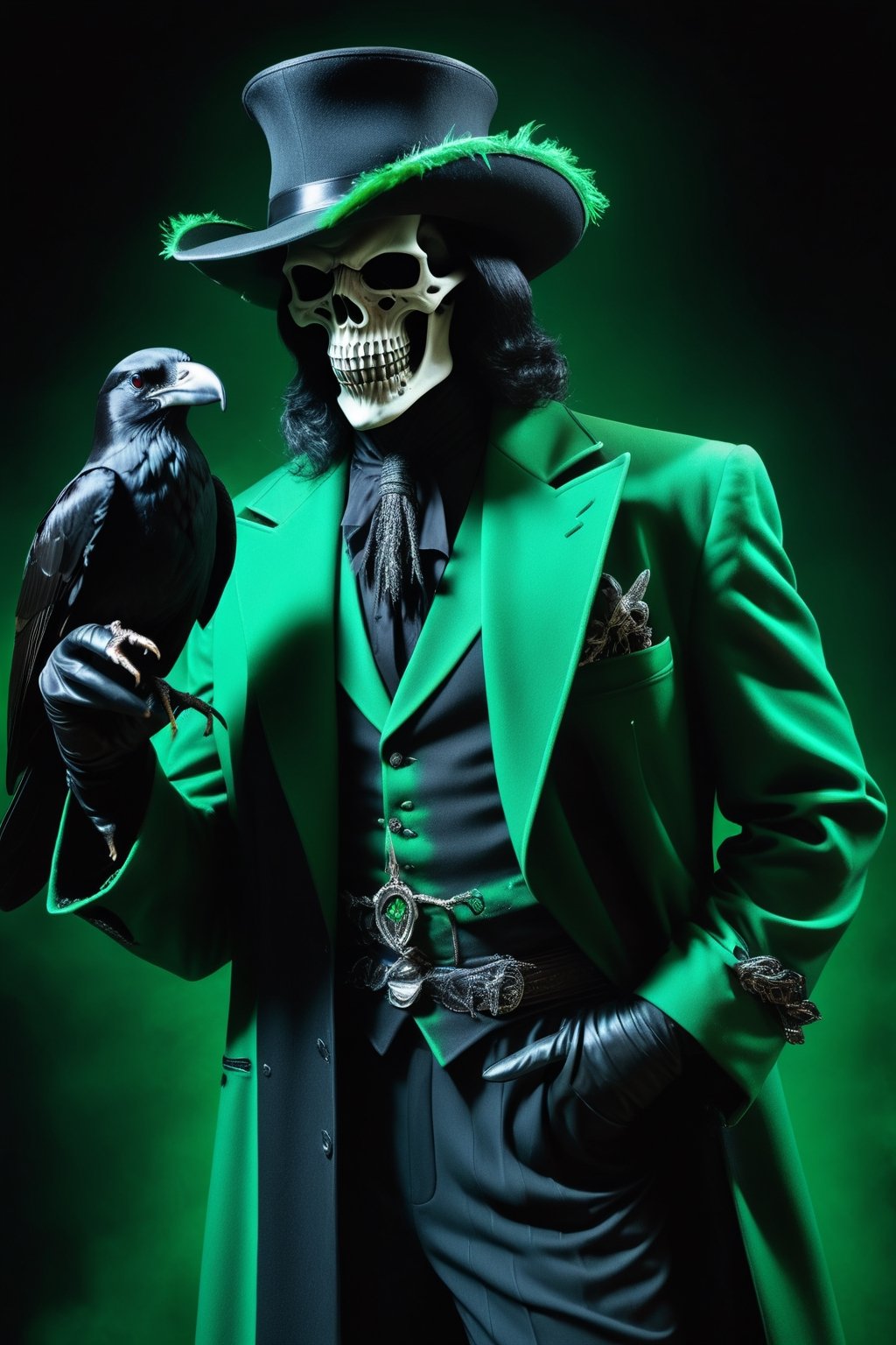 Grim Reaper as a pimp form 1970’s wearing a zoot suit style outfit, Black and Green outfit, Dynamic Pose, simple-background, HD resolution, Insane detail, hyper realism, Dramatic lighting, Grim Reaper Inspired, holding a raven skull head Cain, wearing a black Feathery pimp hat, Ravens incorporated, Ravens within the art photo,