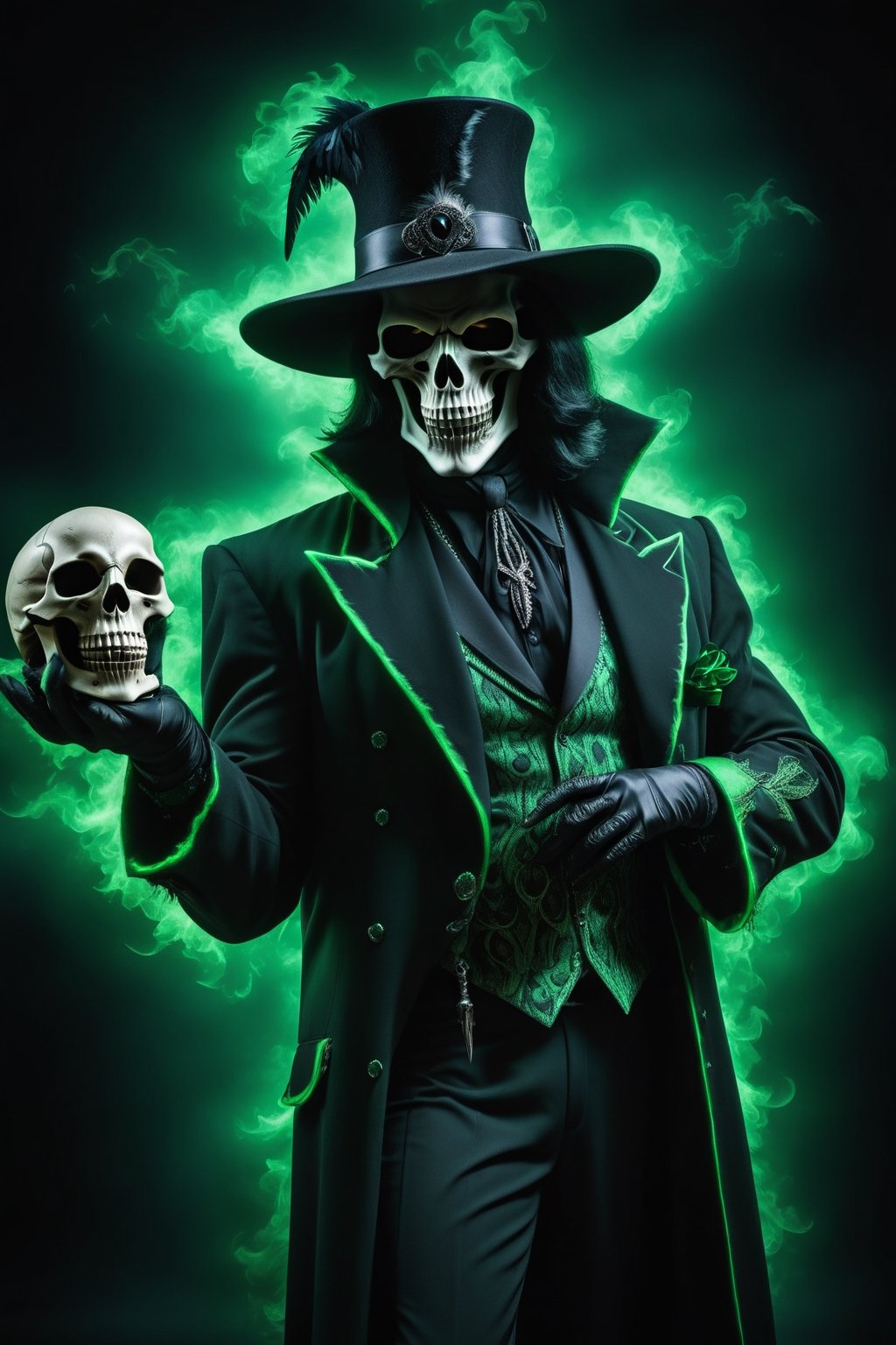 Grim Reaper as a pimp form 1970’s wearing a zoot suit style outfit, Black and Green outfit, Dynamic Pose, simple-background, HD resolution, Insane detail, hyper realism, Dramatic lighting, Grim Reaper Inspired, holding a raven skull head Cain, wearing a black Feathery pimp hat, Ravens incorporated, Ravens within the art photo,