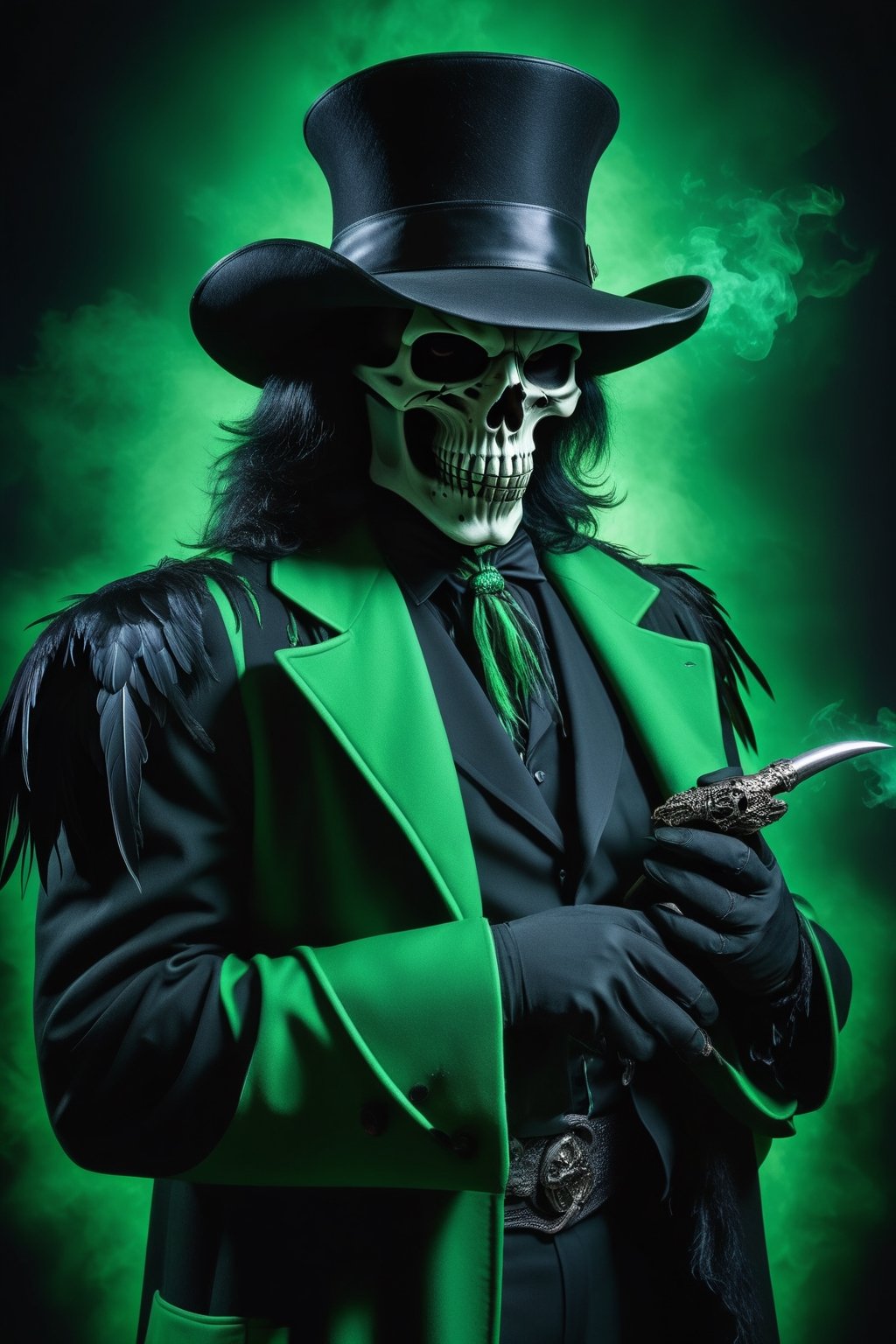 Grim Reaper as a pimp form 1970’s wearing a zoot suit style outfit, Black and Green outfit, Dynamic Pose, simple-background, HD resolution, Insane detail, hyper realism, Dramatic lighting, Grim Reaper Inspired, holding a raven skull head Cain, wearing a black Feathery pimp hat, Ravens incorporated, Ravens within the art photo,