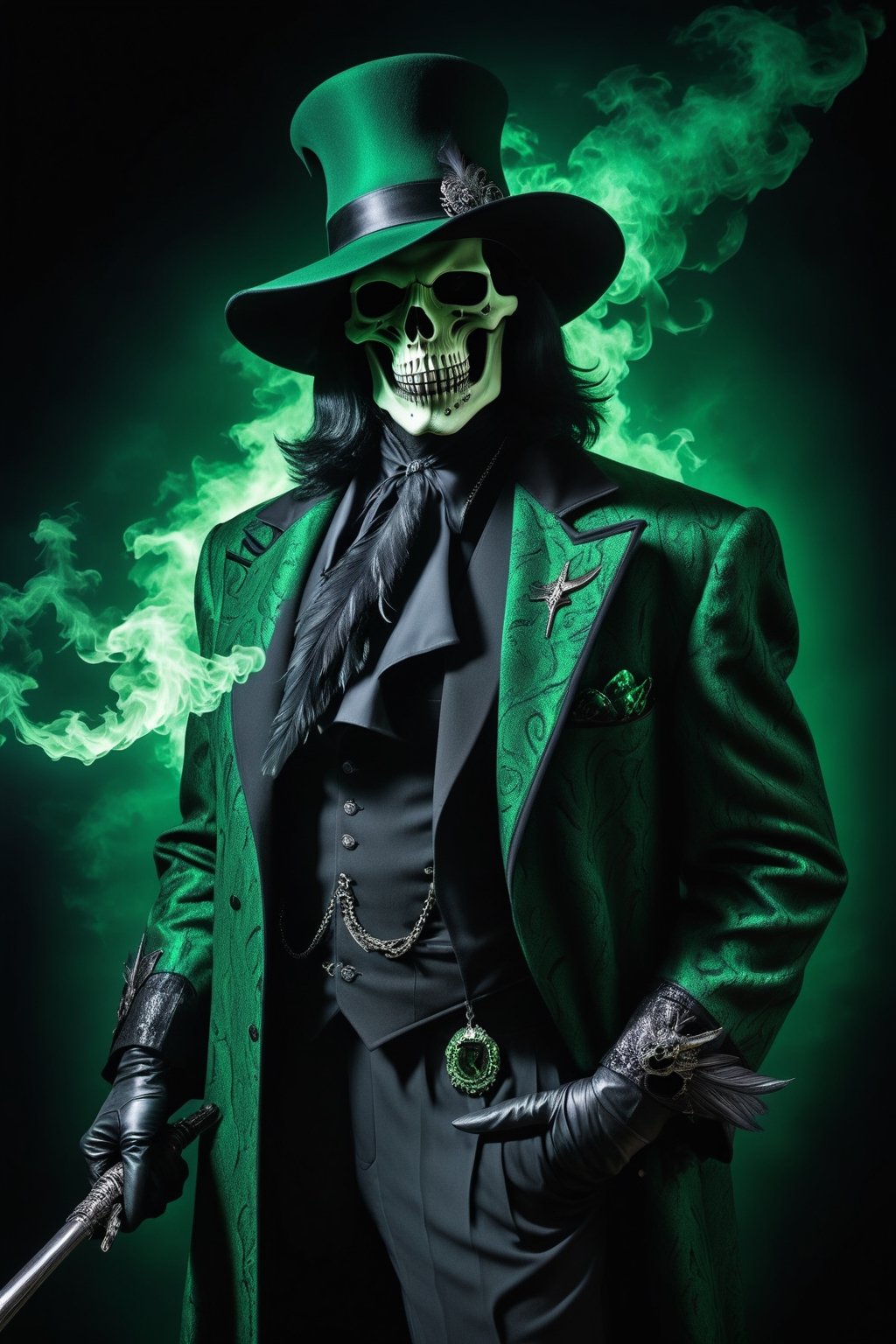 Grim Reaper as a pimp form 1970’s wearing a zoot suit style outfit, Black and Green outfit, Dynamic Pose, simple-background, HD resolution, Insane detail, hyper realism, Dramatic lighting, Grim Reaper Inspired, holding a raven skull head Cain, wearing a black Feathery pimp hat, Ravens incorporated, Ravens within the art photo,