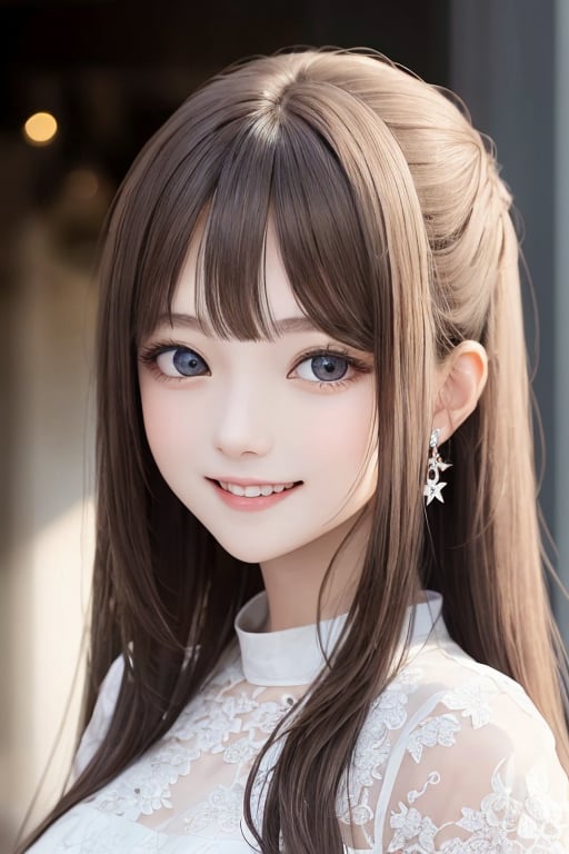 
sparkling clear attractive eyes, 
cheerful smile,
super cute face,  
very beautiful loli girl,  
18 yo,
very long straight light brown hair,
super smooth  and very silky hair, 
white fair skin,
long see-through bangs