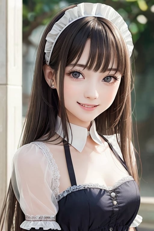 sparkling clear attractive eyes,
very cute face,  
very beautiful loli girl, 
cheerful smile, 
maid costume,
18 yo,
 long straight light brown hair,
super smooth and very silky hair, 
super white fair skin,
long see-through bangs,
professional portrait,
(realistic photograph)
