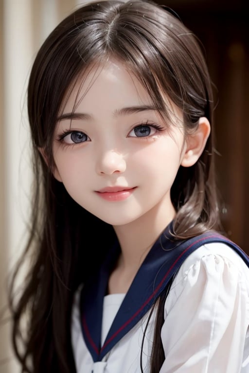 (Very beautiful loli young girl:1.2),
(loli face:1.4),
(large eyes:1.2), 
(clear-eyed), small straight nose, small mouth, (v-line jaw:1.1), Beautiful detailed eyes, Detailed double eyelids, Long straight brown hair, see-through bangs, beautiful detailed face, drooping eyes, (Fair skin: 1.3),(13 yo:1.2),(smiling),(dark blue sailor high school uniform)